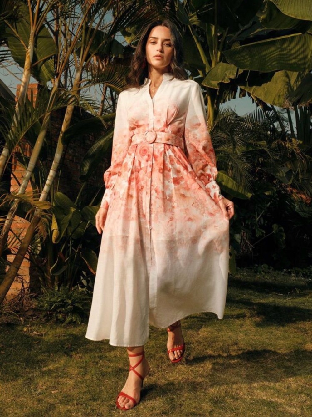 Floral Belted Midi Dress in White and Coral Pink